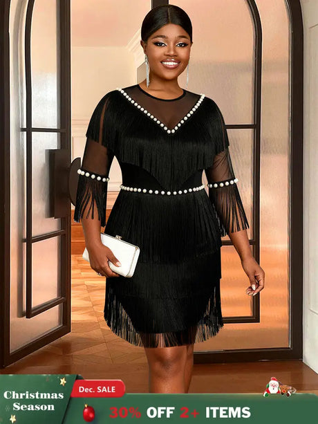 AOMEIDRESS Black Fringe Beaded Mini Dress Party Cocktail Events Gowns Black / S