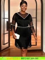 AOMEIDRESS Black Fringe Beaded Mini Dress Party Cocktail Events Gowns Black / S