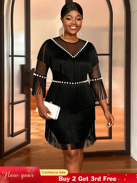 AOMEIDRESS Black Fringe Beaded Mini Dress Party Cocktail Events Gowns Black / S