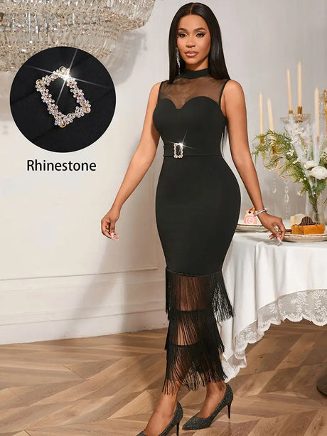 AOMEIDRESS Black Fringed Party Dress Mesh Neck Belted Slim Events Wear