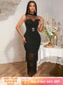 AOMEIDRESS Black Fringed Party Dress Mesh Neck Belted Slim Events Wear Black / S