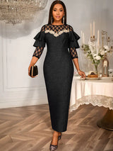 AOMEIDRESS Black Jacquard Lace Bodycon Dress Evening Cocktial Gowns