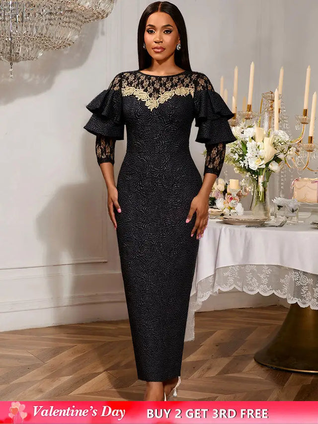 AOMEIDRESS Black Jacquard Lace Bodycon Dress Evening Cocktial Gowns Black / S