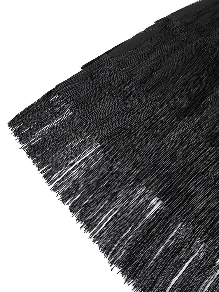 AOMEIDRESS Black Lace Fringe Dress Cut Out Neck Package Hip Gowns