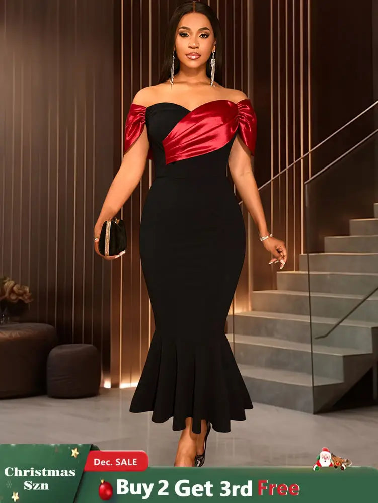 AOMEIDRESS Black Mermaid Bow Off Shoulder Dress For Evening Party Black / S