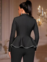 AOMEIDRESS Black Peplum Blazer Top Silver Binding Office Outfits