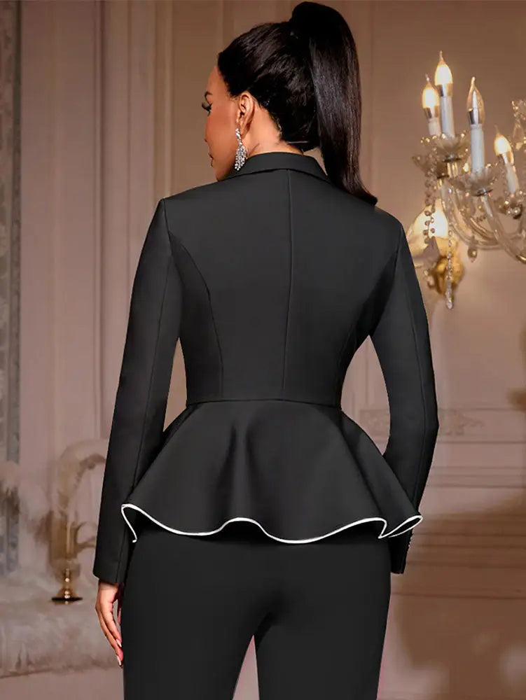 AOMEIDRESS Black Peplum Blazer Top Silver Binding Office Outfits