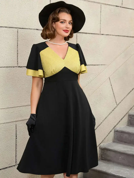 AOMEIDRESS Black Ruffle Sleeve A Line Dress with Gold Patchwork Fabric