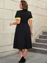 AOMEIDRESS Black Ruffle Sleeve A Line Dress with Gold Patchwork Fabric