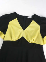 Elegant Gold Patchwork Black Ruffle Sleeve A Line Dress

