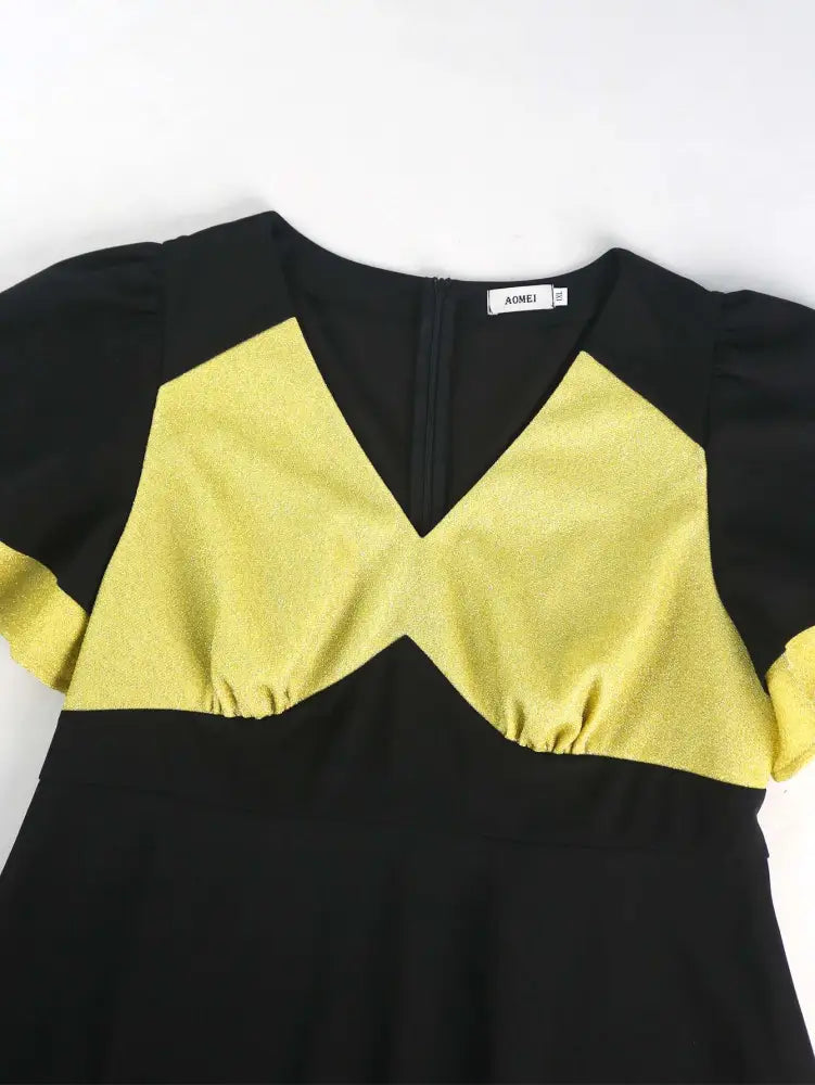 Elegant Gold Patchwork Black Ruffle Sleeve A Line Dress

