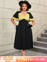 AOMEIDRESS Black Ruffle Sleeve A Line Dress with Gold Patchwork Fabric Black / S