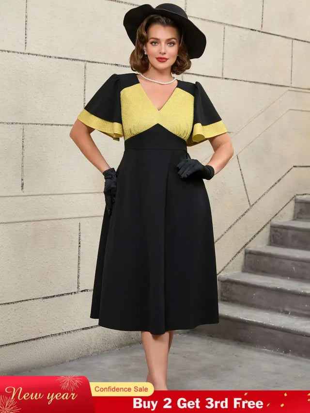 AOMEIDRESS Black Ruffle Sleeve A Line Dress with Gold Patchwork Fabric Black / S