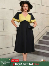 AOMEIDRESS Black Ruffle Sleeve A Line Dress with Gold Patchwork Fabric Black / S