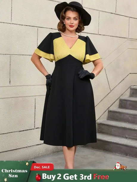 AOMEIDRESS Black Ruffle Sleeve A Line Dress with Gold Patchwork Fabric Black / S