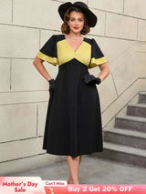 AOMEIDRESS Black Ruffle Sleeve A Line Dress with Gold Patchwork Fabric Black / S