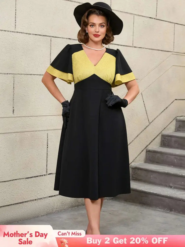 AOMEIDRESS Black Ruffle Sleeve A Line Dress with Gold Patchwork Fabric Black / S