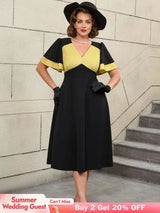 AOMEIDRESS Black Ruffle Sleeve A Line Dress with Gold Patchwork Fabric Black / S