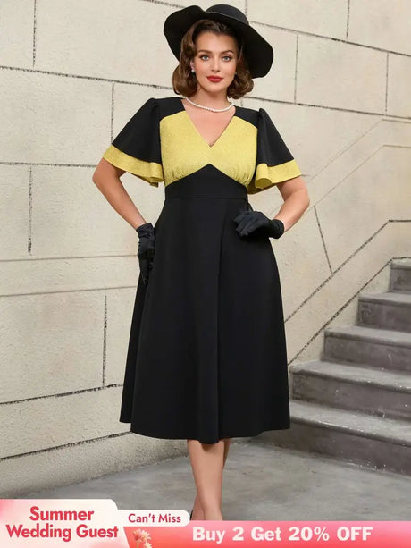 AOMEIDRESS Black Ruffle Sleeve A Line Dress with Gold Patchwork Fabric Black / S