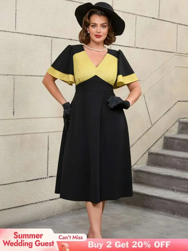 AOMEIDRESS Black Ruffle Sleeve A Line Dress with Gold Patchwork Fabric Black / S
