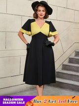 AOMEIDRESS Black Ruffle Sleeve A Line Dress with Gold Patchwork Fabric Black / S