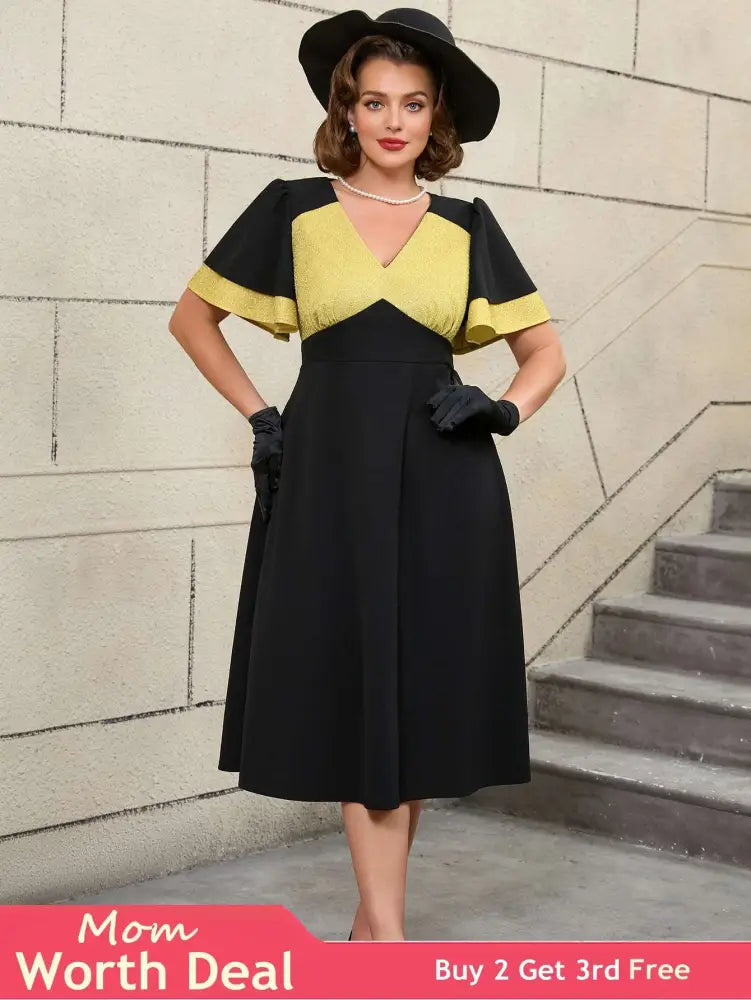 AOMEIDRESS Black Ruffle Sleeve A Line Dress with Gold Patchwork Fabric Black / S