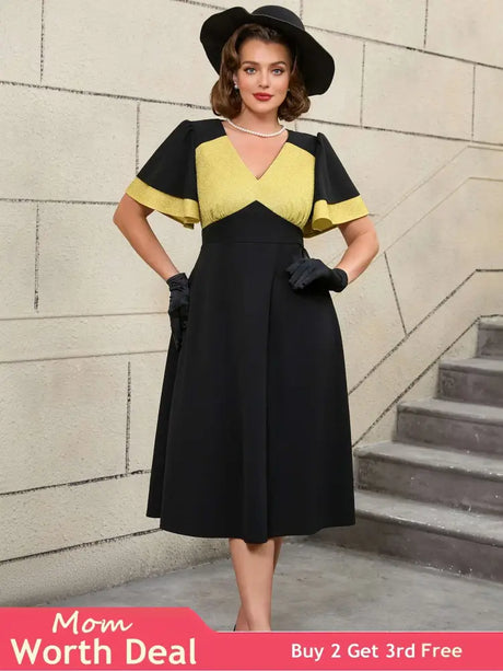 AOMEIDRESS Black Ruffle Sleeve A Line Dress with Gold Patchwork Fabric Black / S