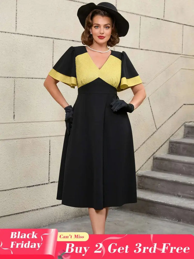 AOMEIDRESS Black Ruffle Sleeve A Line Dress with Gold Patchwork Fabric Black / S