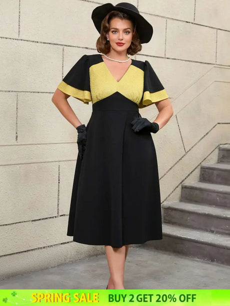 AOMEIDRESS Black Ruffle Sleeve A Line Dress with Gold Patchwork Fabric Black / S