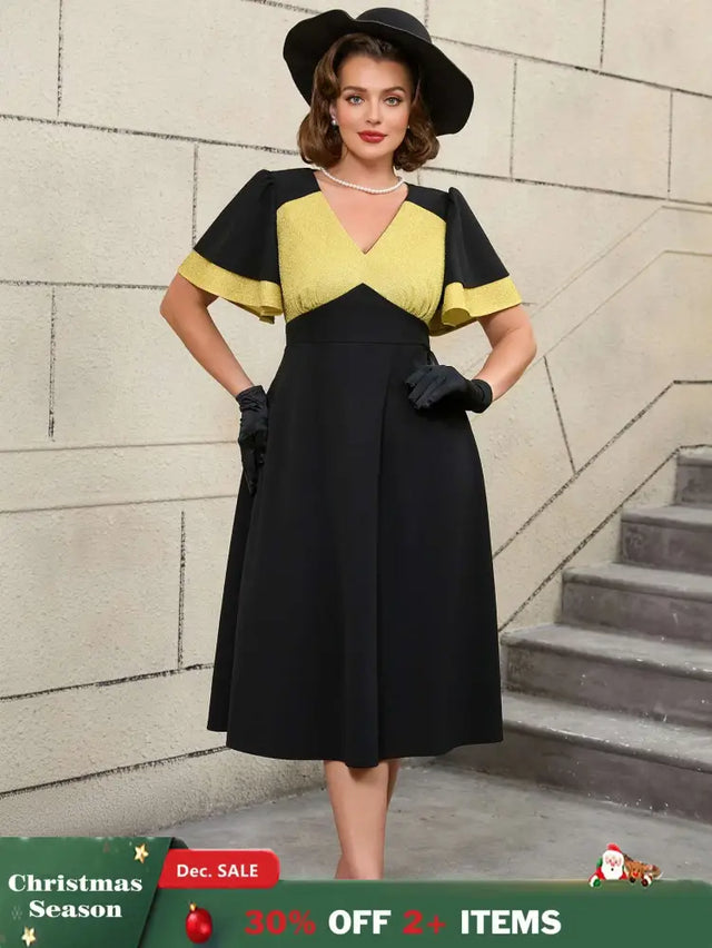 AOMEIDRESS Black Ruffle Sleeve A Line Dress with Gold Patchwork Fabric Black / S