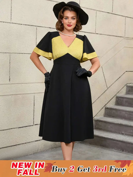 AOMEIDRESS Black Ruffle Sleeve A Line Dress with Gold Patchwork Fabric Black / S