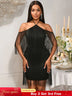 AOMEIDRESS Black Tassel Halter Bodycon Dress Off Shoulder Party Gowns Black / S