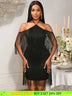 AOMEIDRESS Black Tassel Halter Bodycon Dress Off Shoulder Party Gowns Black / S