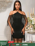 AOMEIDRESS Black Tassel Halter Bodycon Dress Off Shoulder Party Gowns Black / S