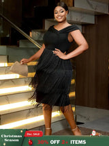 AOMEIDRESS Black Wedding Guest Dress Short Tassel Party Fringe
