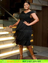 AOMEIDRESS Black Wedding Guest Dress Short Tassel Party Fringe
