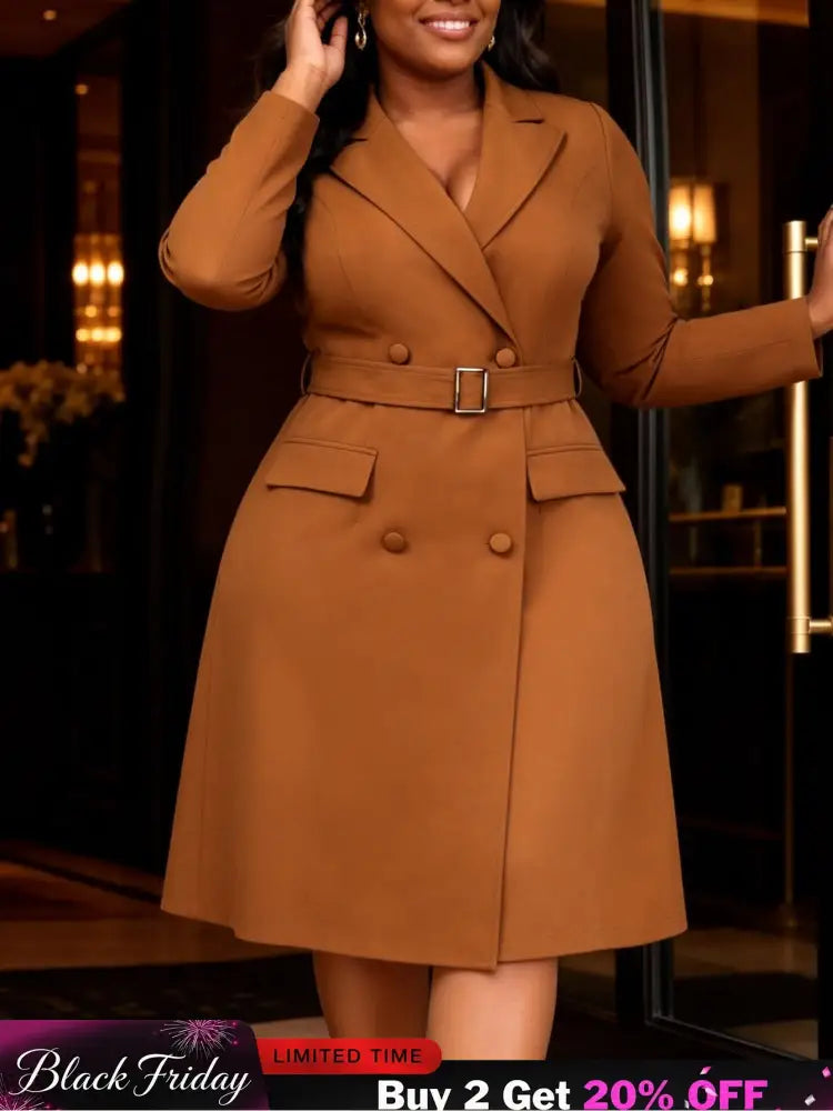 AOMEIDRESS Blazer Midi Dresses Double Breasted Belted Long Sleeves