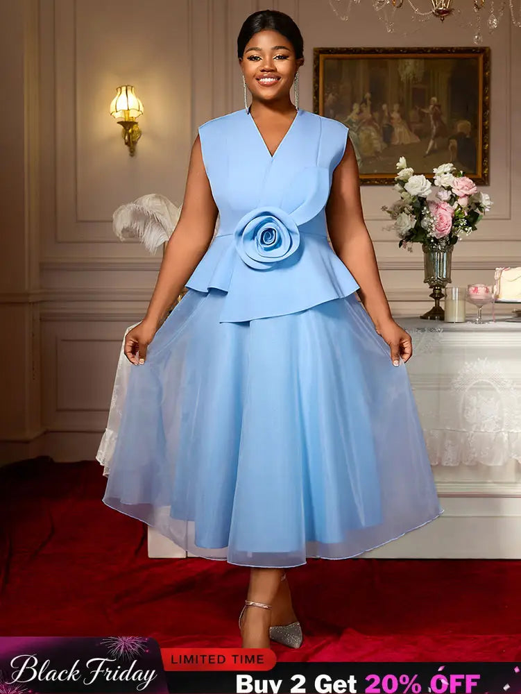 AOMEIDRESS Blue A Line Wedding Party Dress 3D Flower Sleeveless Peplum Blue / S