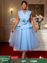 AOMEIDRESS Blue A Line Wedding Party Dress 3D Flower Sleeveless Peplum Blue / S