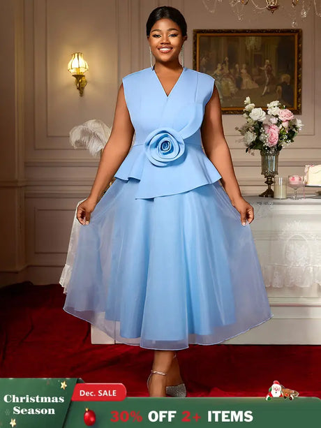 AOMEIDRESS Blue A Line Wedding Party Dress 3D Flower Sleeveless Peplum Blue / S