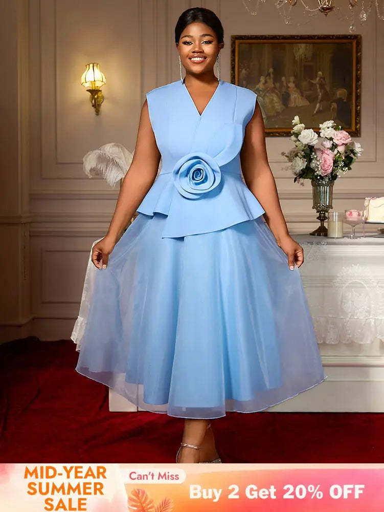 AOMEIDRESS Blue A Line Wedding Party Dress 3D Flower Sleeveless Peplum Blue / S