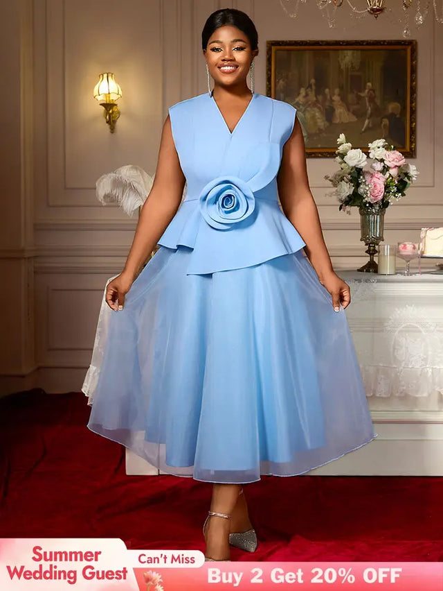 AOMEIDRESS Blue A Line Wedding Party Dress 3D Flower Sleeveless Peplum Blue / S