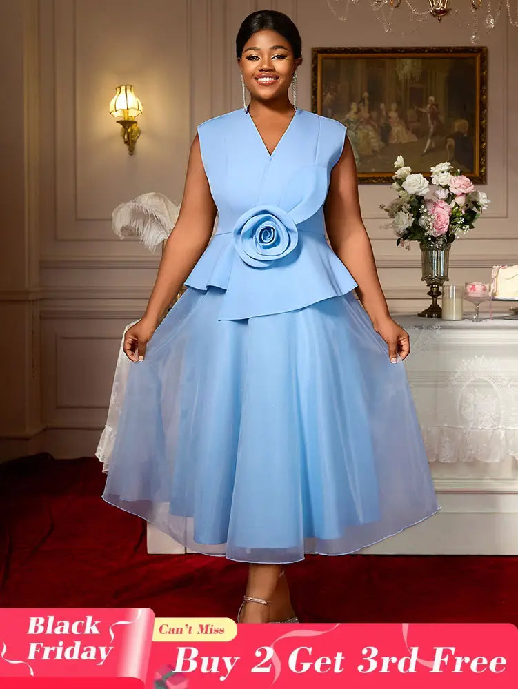 AOMEIDRESS Blue A Line Wedding Party Dress 3D Flower Sleeveless Peplum Blue / S