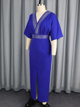 AOMEIDRESS Blue Bodycon Dress V Neck Rhinestone Belt Slit for Party