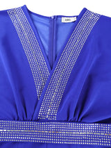 AOMEIDRESS Blue Bodycon Dress V Neck Rhinestone Belt Slit for Party