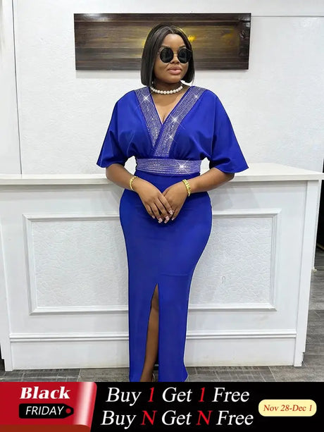 AOMEIDRESS Blue Bodycon Dress V Neck Rhinestone Belt Slit for Party Blue / L