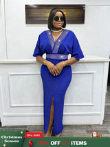 AOMEIDRESS Blue Bodycon Dress V Neck Rhinestone Belt Slit for Party Blue / L