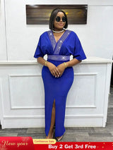 AOMEIDRESS Blue Bodycon Dress V Neck Rhinestone Belt Slit for Party Blue / L