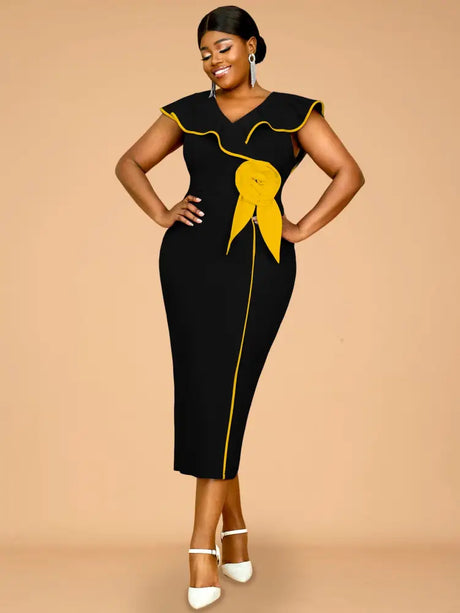 AOMEIDRESS Blue Dresses for Wedding Color Block 3D Flower Ruffle Sleeve Formal Mother of the Bride Dresses Black / S