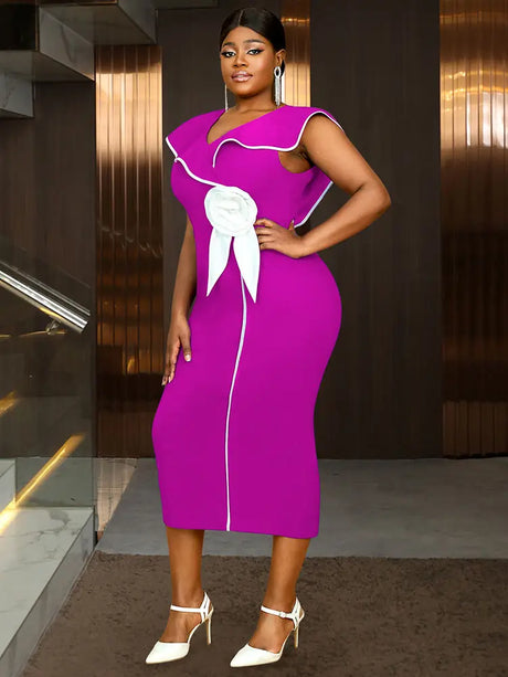 AOMEIDRESS Blue Dresses for Wedding Color Block 3D Flower Ruffle Sleeve Formal Mother of the Bride Dresses Pink / S